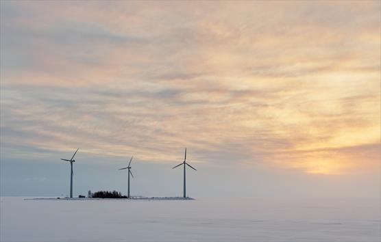 Vinterlandskap med tre vindkraftverk på en liten holme.